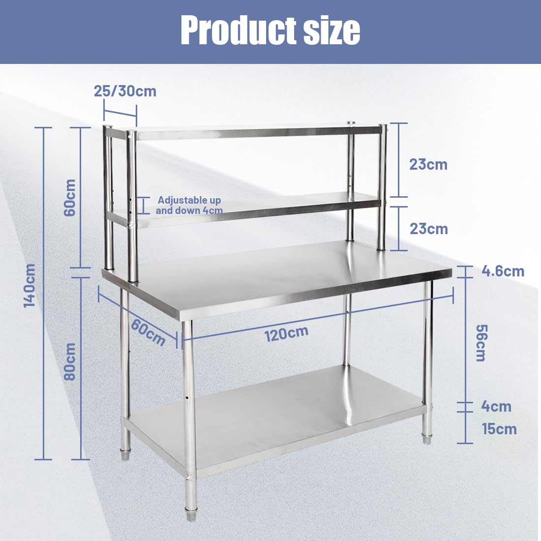 Mesa de Trabajo de Acero Inoxidable Ajustable, Desmontable para Preparación de Cocina - 120 x 60 x 80 cm