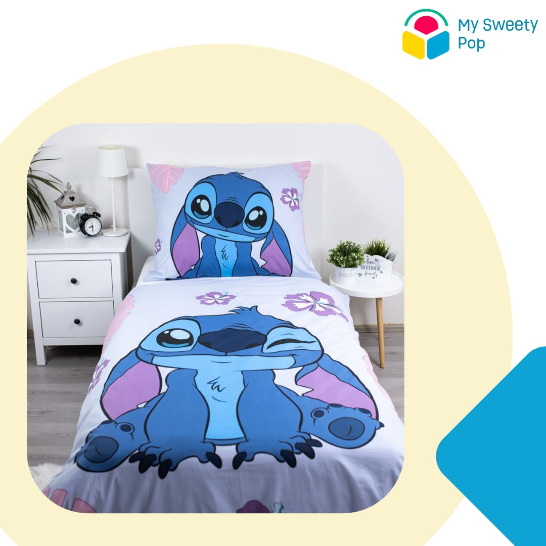 My sweety pop Parure de lit Enfant Stitch 2 pièces Housse de Couette | Réversible 140x200 Taie d'oreiller 70x90 cm Literie 100% Coton