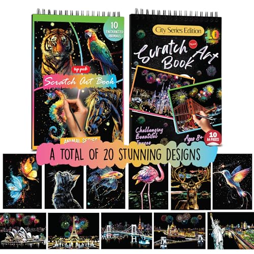 Image of 2-Pack Animals & City Scratch Art Book for Adults - Colorful Animal Series Scratch Art | Scratch Painting Foil Art for Adults | Scratch and Sketch Animal & City Series Books