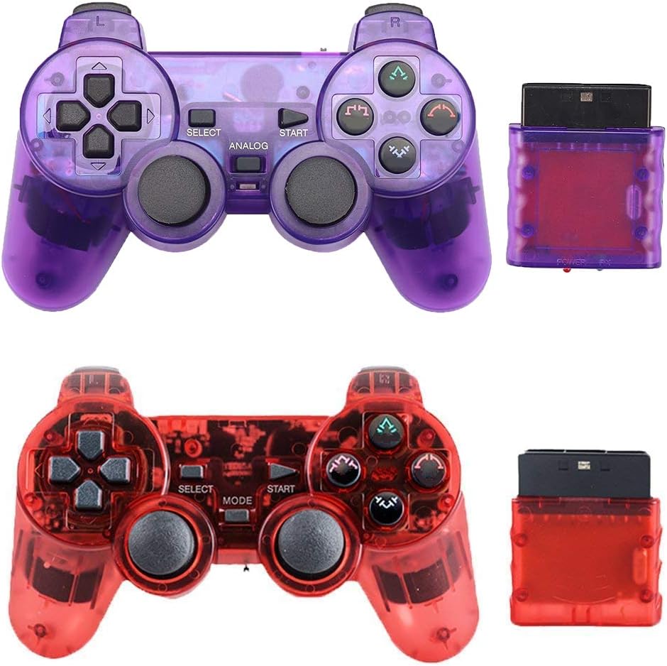 Gollec Wireless Controller for PS2 PlayStation 2 Dual Shock（Pack of 2, ClearPurple and ClearRed)