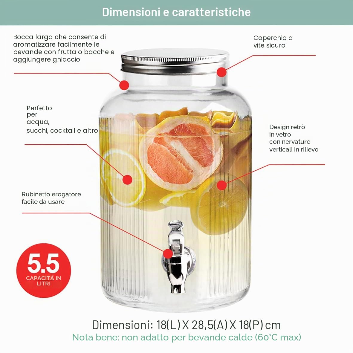 Dispenser per bevande in vetro 5,5 litri con rubinetto, coperchio a vite, collo largo, design retrò
