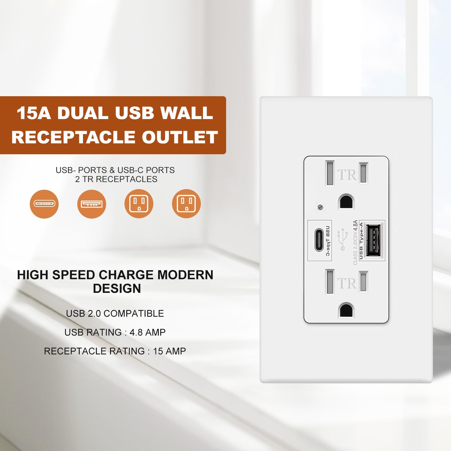 USB C Wall Outlet Receptacle, 4.8A USB Type C + A, High Speed Charging for Smart Devices,1 USB C, 1 USB, 15 Amp Duplex Receptacle Tamper-Resistant w/Wall Plate (10 Pack, White)