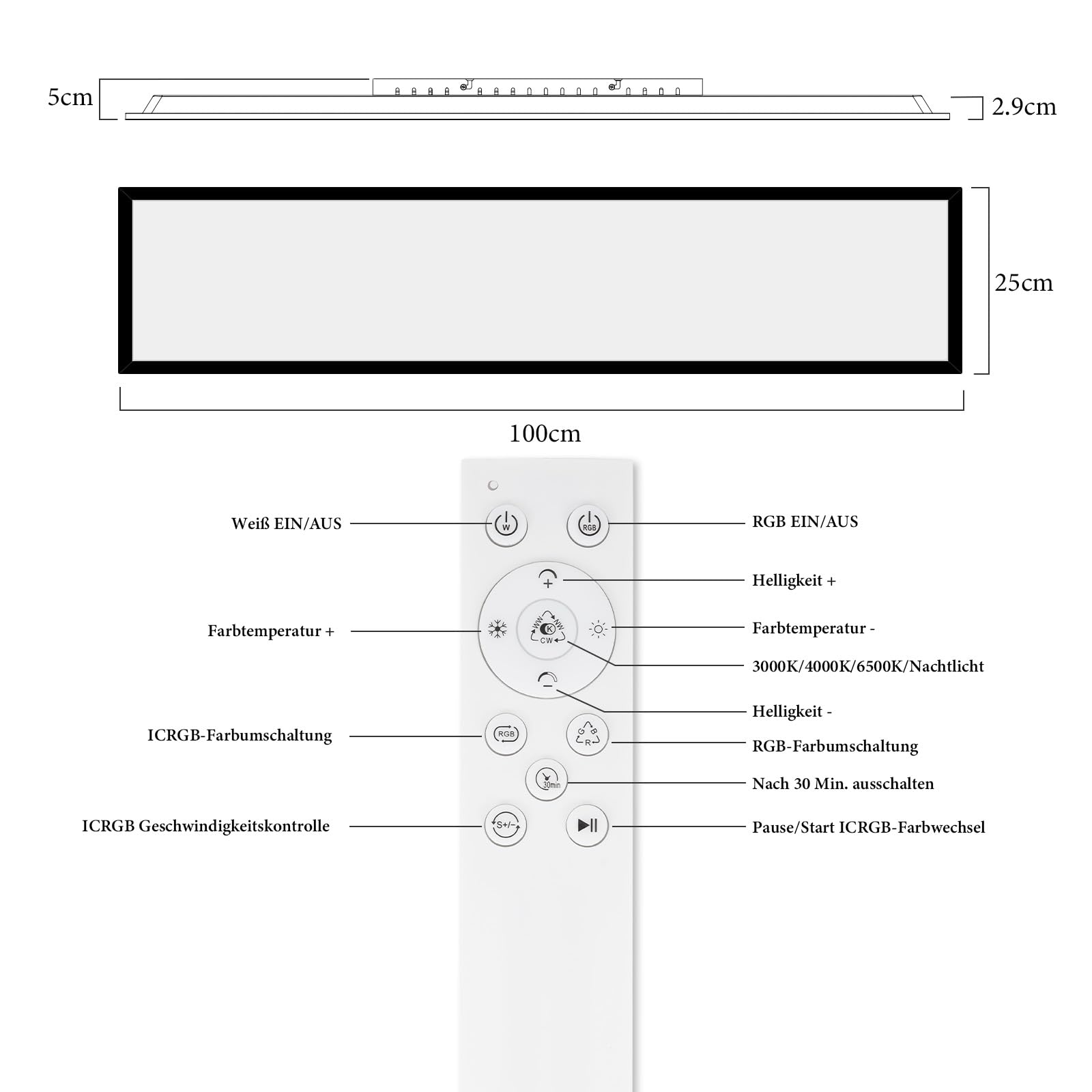 CBJKTX LED Panel 100x25 regulable - RGB retroiluminado con cambio de color | larga y plana para oficina con mando a distancia grande 24 W negra rectangular Lámpara de techo para sala de juegos y salón