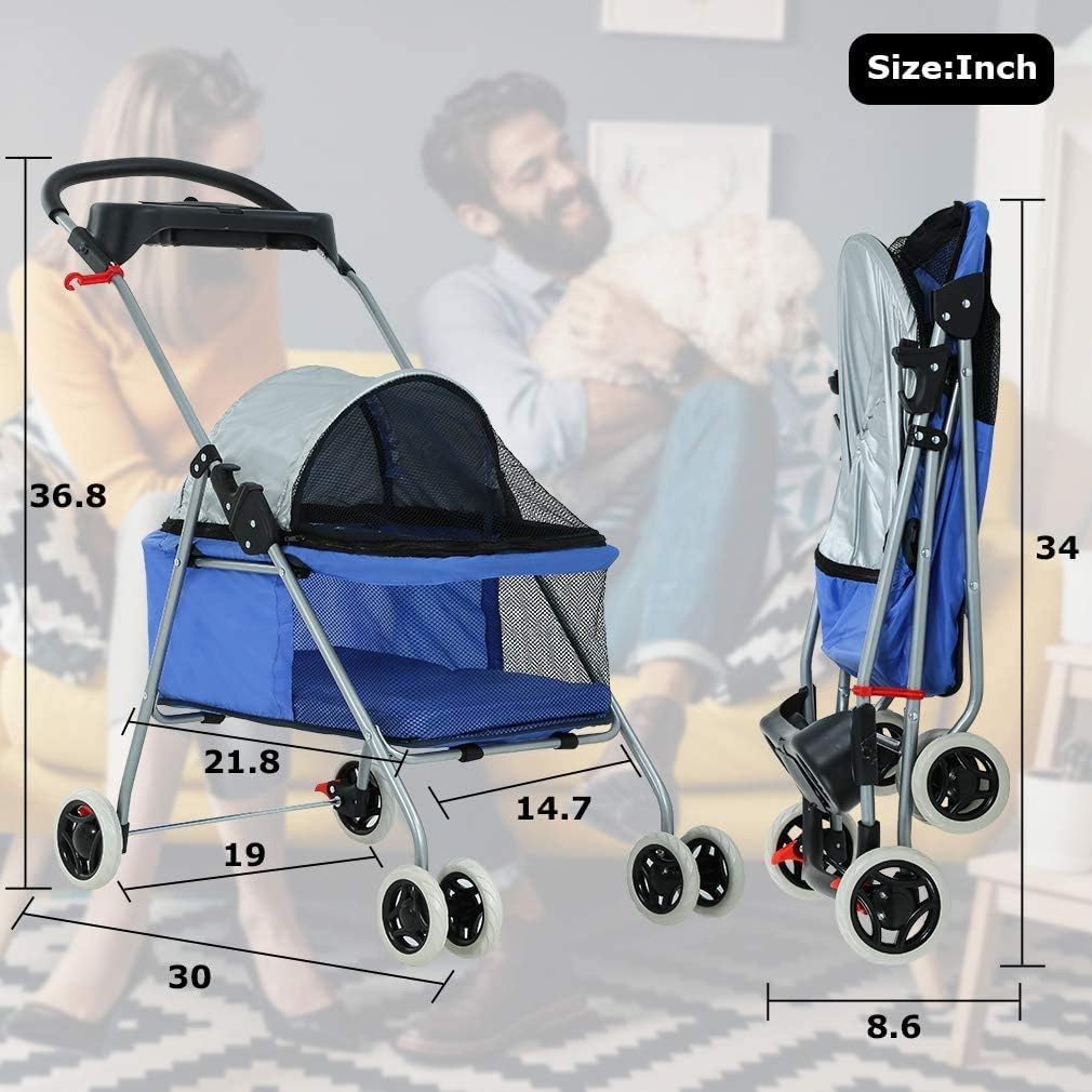 Pet Stroller Dog Stroller Cat Stroller for Small Medium Dogs and Cats,Folding Dog Stroller Carrier Strolling Cart,4 Wheel Travel Jogger,Blue