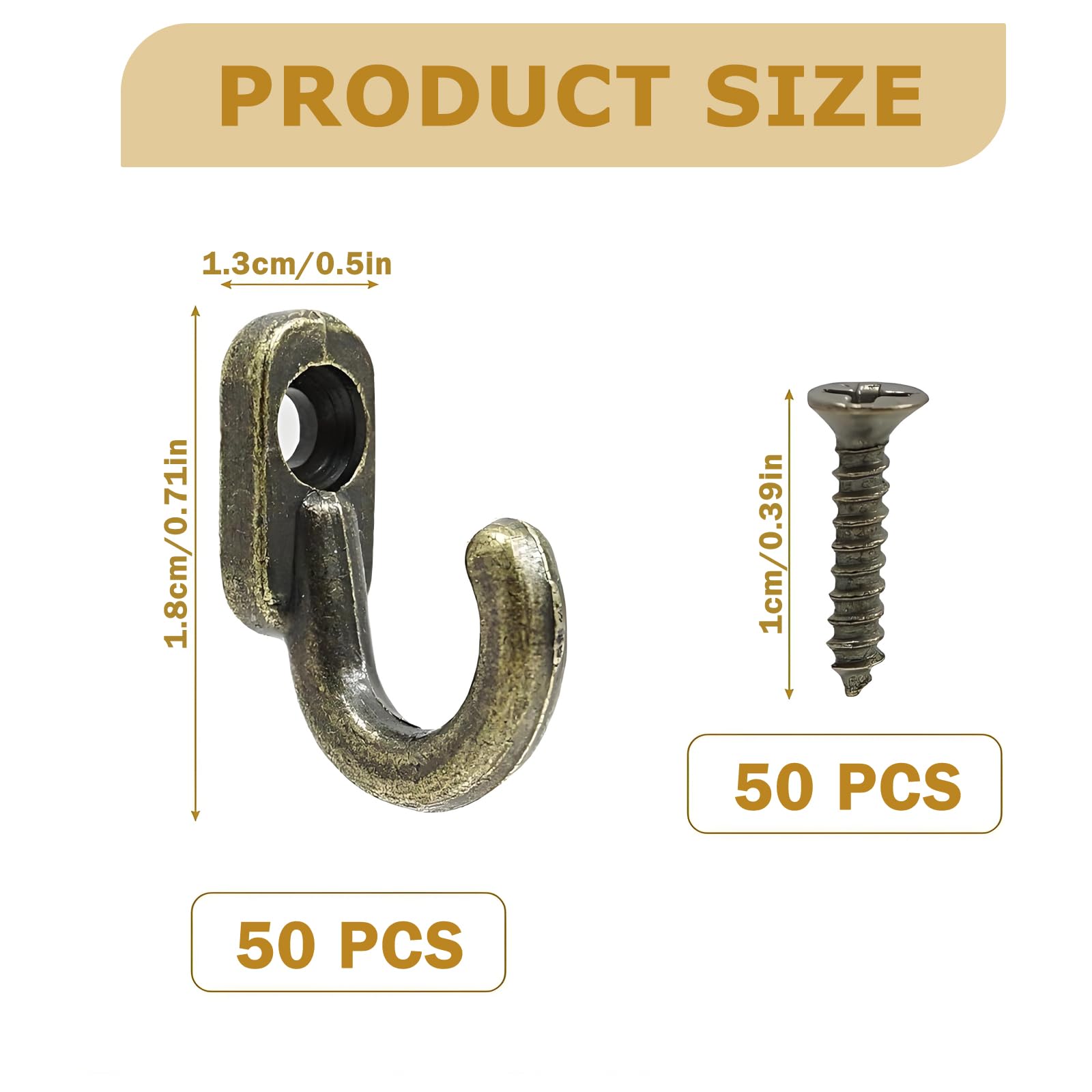 RTSHUK 50 mini ganci, 18 x 13 mm, antico, gancio singolo in bronzo, gancio da parete per avvitare, gancio da parete, piccolo vintage, per chiavi, gioielli, borse, asciugamani, cucina, bagno