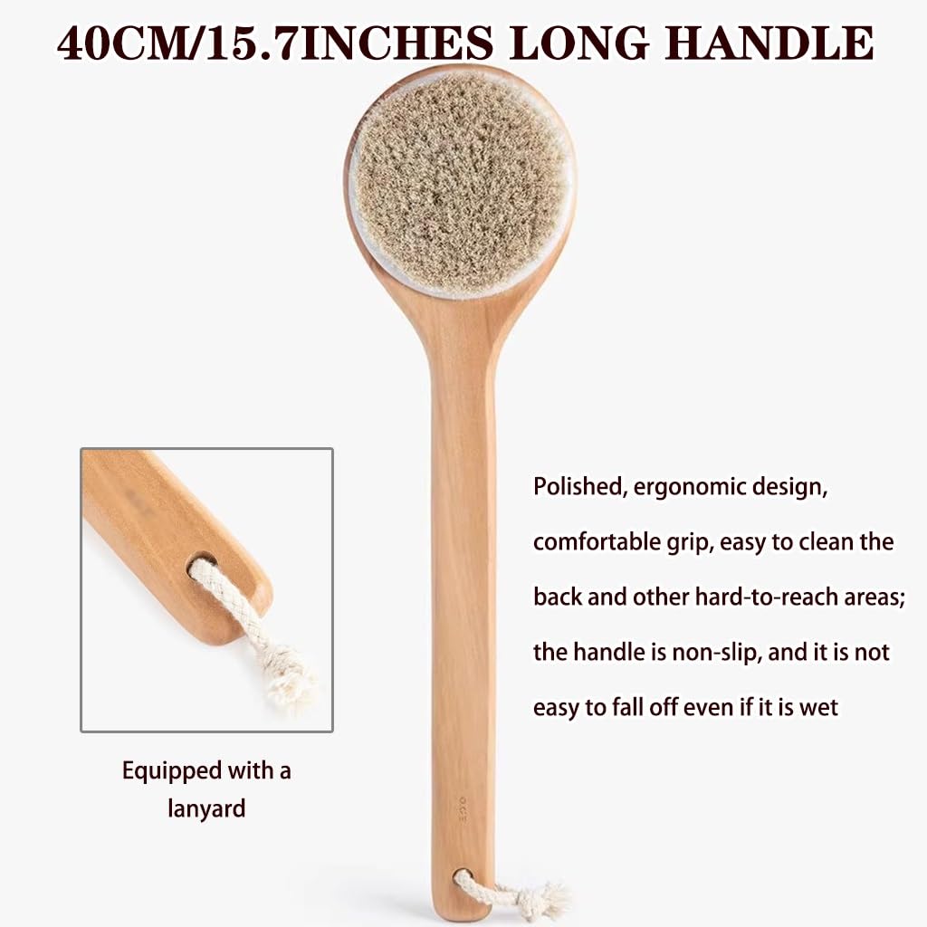 Cepillo De Ducha De Madera De Mango Largo para El Hogar con Cuerda para Colgar, Exfoliante Corporal De Cerdas Naturales De Caballo, Exfoliante De Espalda Y Limpieza con Masaje(40 * 10.5cm*2PCS)