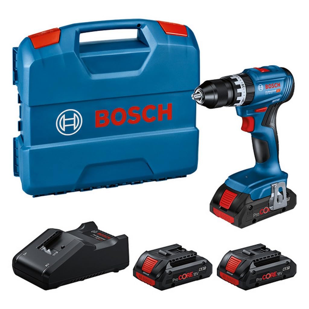 Bosch Professional GSB 18V-45 - Taladro atornillador de percusión inalámbrico de 18 V (velocidad de rotación de 1900 min¹, con 3 baterías ProCORE 4,0 Ah, cargador rápido GAL 18V-40, L-Case)