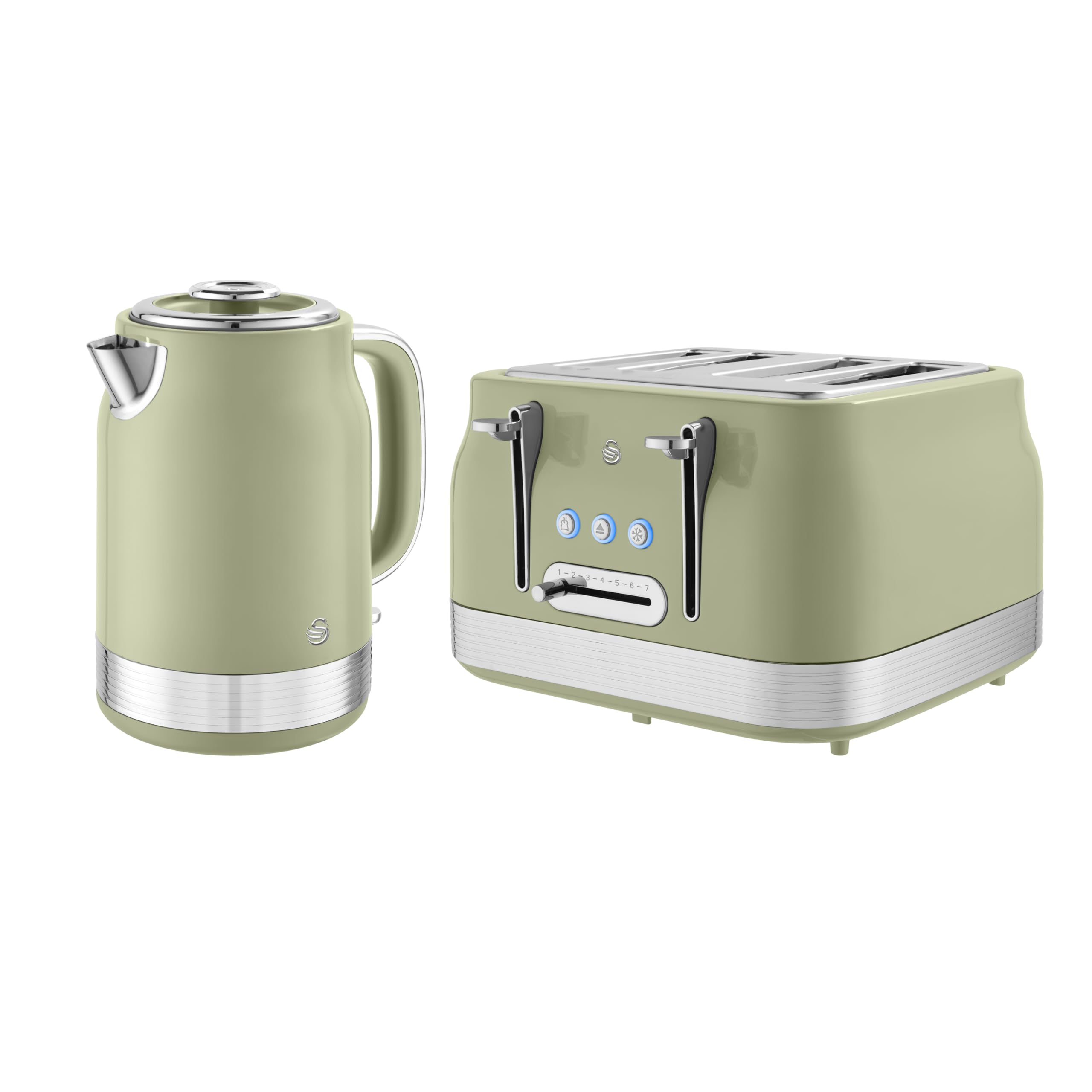 Swan Retro Kitchen Set, 1.7L Rapid Boil Jug Kettle with 360 Degree Base and 4 Slice Toaster with 7 Browning Levels, 1860W, Green, SK19025GRN & ST19029GRN