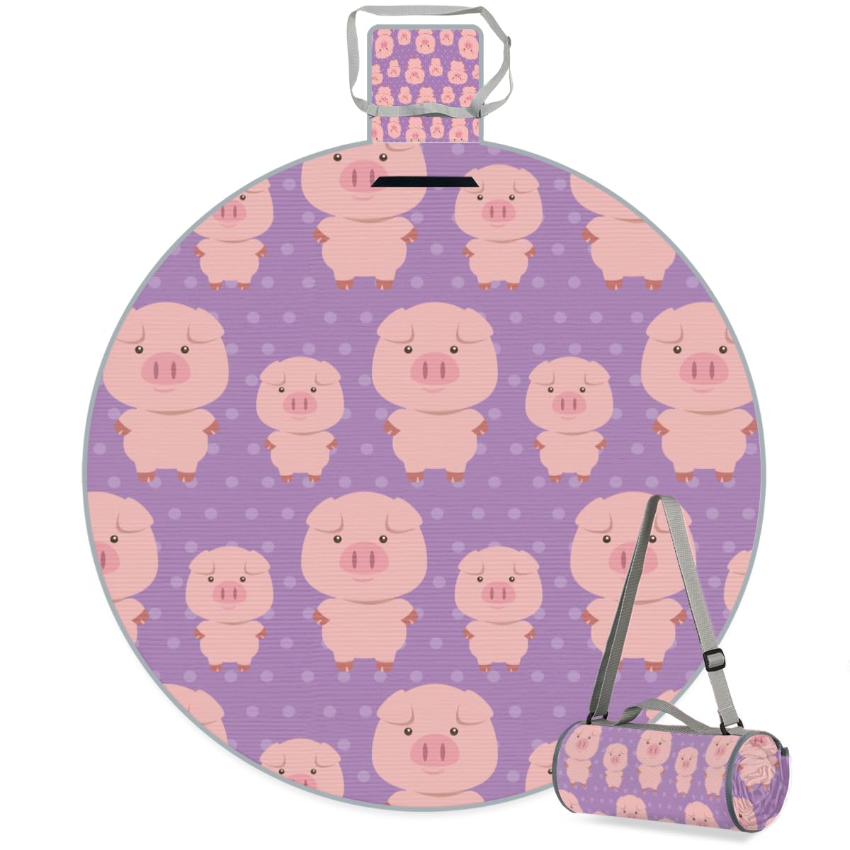 Shimoshe Cartoon Pig Picnic Outdoor Blanket Foldable Waterproof Sandproof Beach Blanket Portable Water-Resistant Round Picnic Mat for Travel Camping Park Lawn