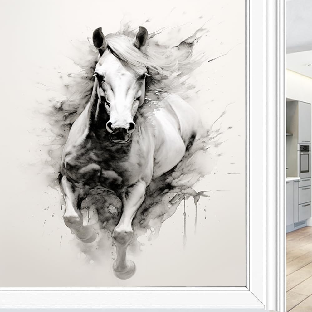 Vintage Pferd Fensterfolie Heat Blocking Ink Painting Weiß Tier Modern Sichtschutz Fenster Dekor Glastür Abdeckung Nicht klebende Fensteraufkleber für Badezimmer Küche 80 * 140 cm