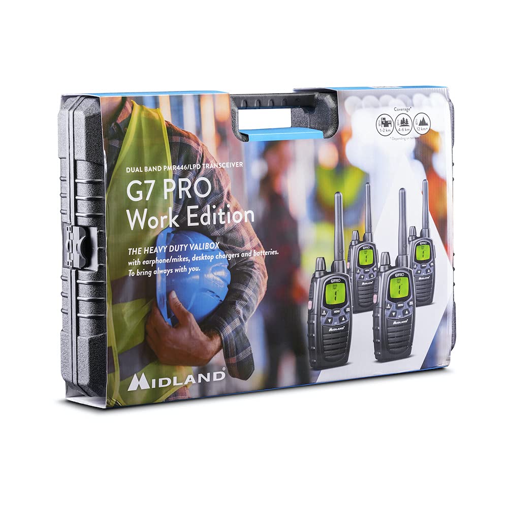 Midland - Set 4 Walkie Talkie G7 PRO Work Edition, Ricetrasmittenti Professionali 85 Canali - 16 PMR446/69 LPD Senza Licenza, Copertura 10 Km, Autonomia 18 Ore, Batterie Ricaricabili e Accessori