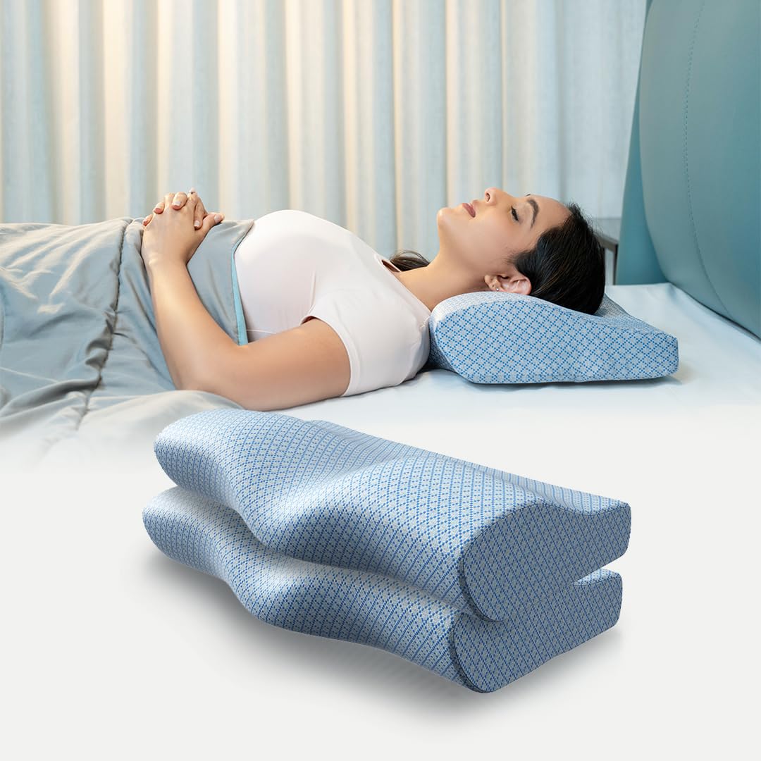 WELLGIVER Comfortcloud Orthopedic Memory Foam Pillows Cervical Pillow For Neck And Shoulder Pain With Removable Zipper Blue Cover Standard 19X11X4 Inch Pack Of 2