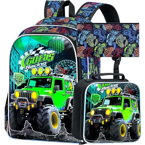 Image of AGSDON 3PCS Truck Backpack for Boys, 16 inch Little Kids Preschool Bookbag, Elementary Backpacks and Lunch Box - Green