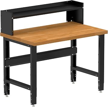 Borroughs 48" W x 30" D Heavy-Duty Industrial Workbench, Hardwood Top, 2000 LB Capacity, Ledge Shelf, Adjustable Height 32-38"
