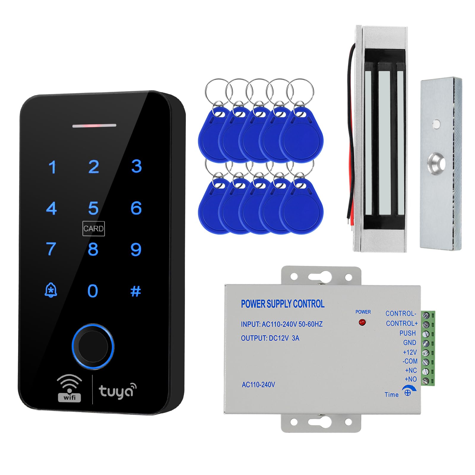 Tuya - Kit de control de acceso de huellas dactilares WiFi: 100FP/8000C/125kHz+13.56MHz/IP68 teclado retroiluminado, Maglock de 180 kg o cerradura eléctrica pequeña, 10 llaveros IC, fuente de