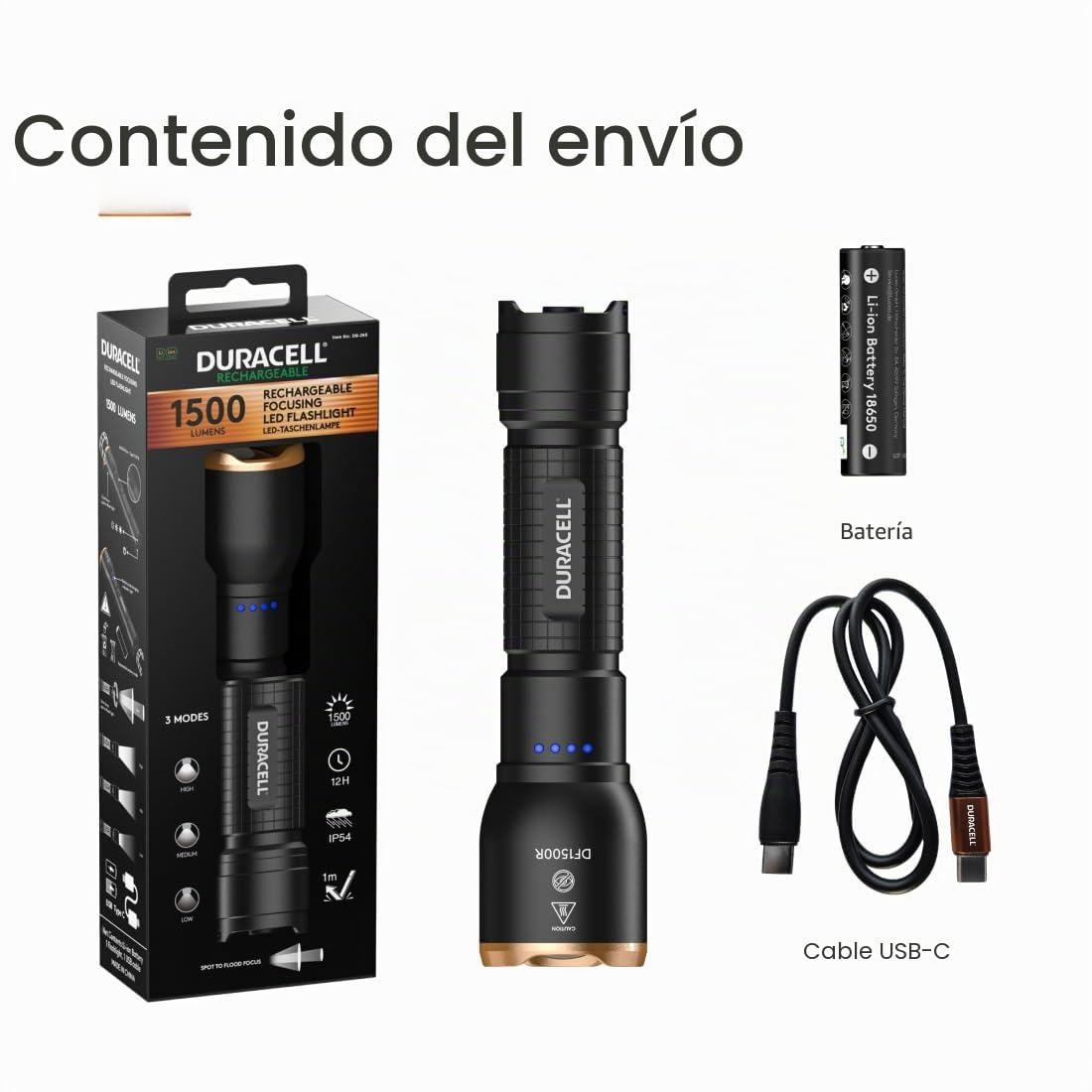 Duracell DF1500R Core Plus - Linterna LED (1500 lúmenes, focal, alcance de 150 m, recargable por USB-C, batería de ion de litio 18650, varios modos de luz, resistente a salpicaduras, carcasa de