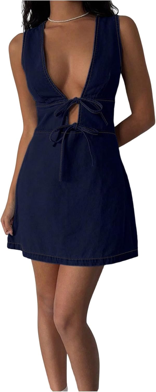 SOLY HUX Women's Denim Mini Dress Deep V Neck Bow Tie Front Sleeveless A Line Summer Jean Dresses