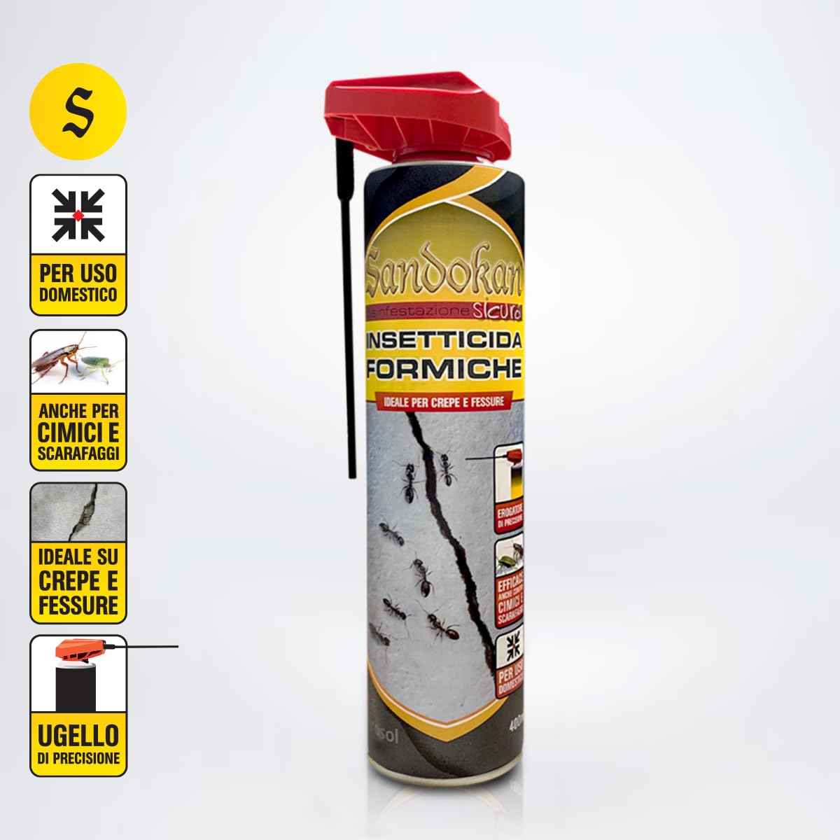 Sandokan, 2 Insetticida Spray Formiche da 400ml con Cannula di Precisione, Spray per Formiche e Scarafaggi Azione Abbattente Rapida, Trattamento Mirato Crepe e Fessure Interno ed Esterno Made in Italy