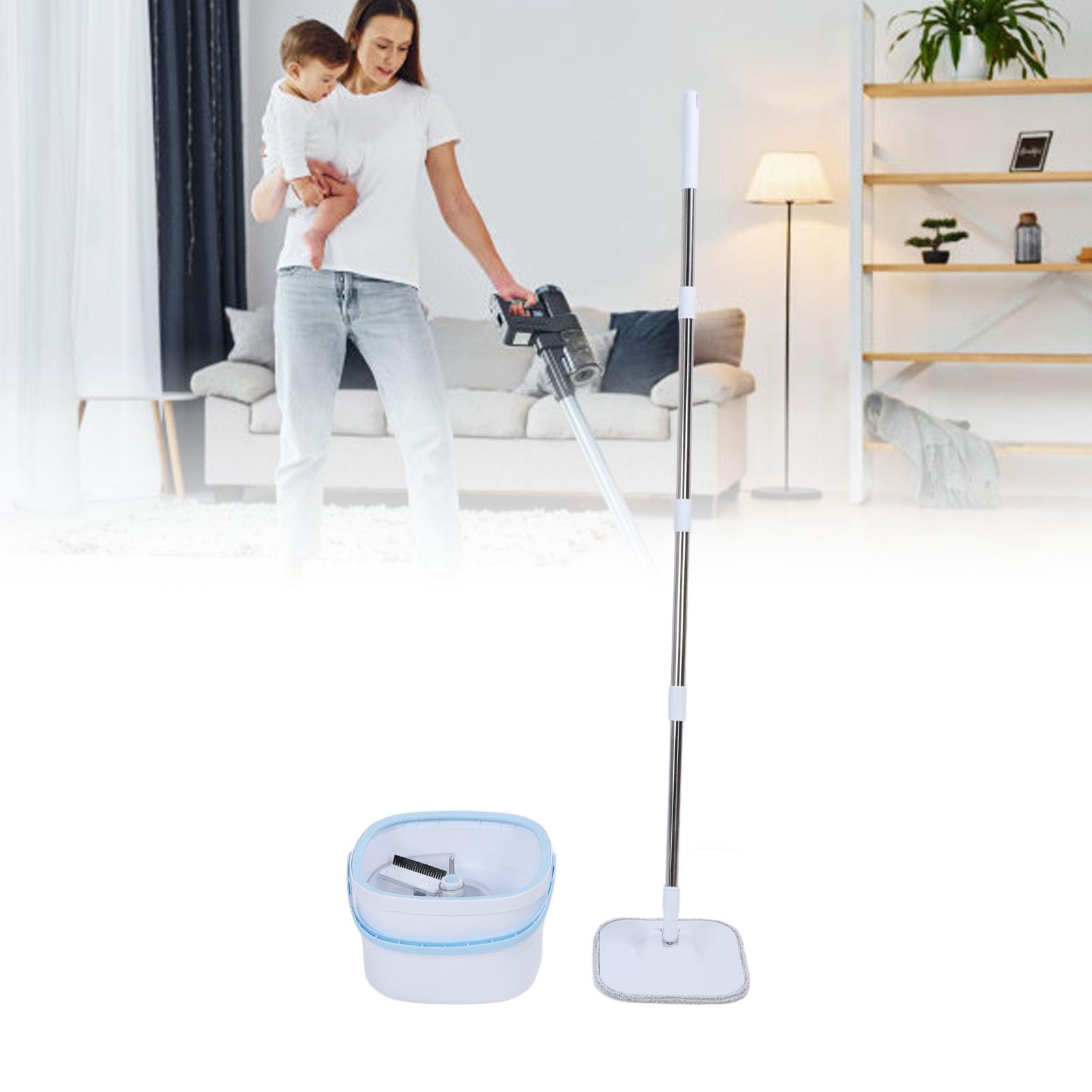 Juego de Fregona y Cubo Giratorio con Autoseparación de Agua Sucia, Cabezal de Fregona Cuadrado Giratorio de 360° para Limpiador de Pisos de Madera Dura, de Microfibra Súper Fina y Cubo con