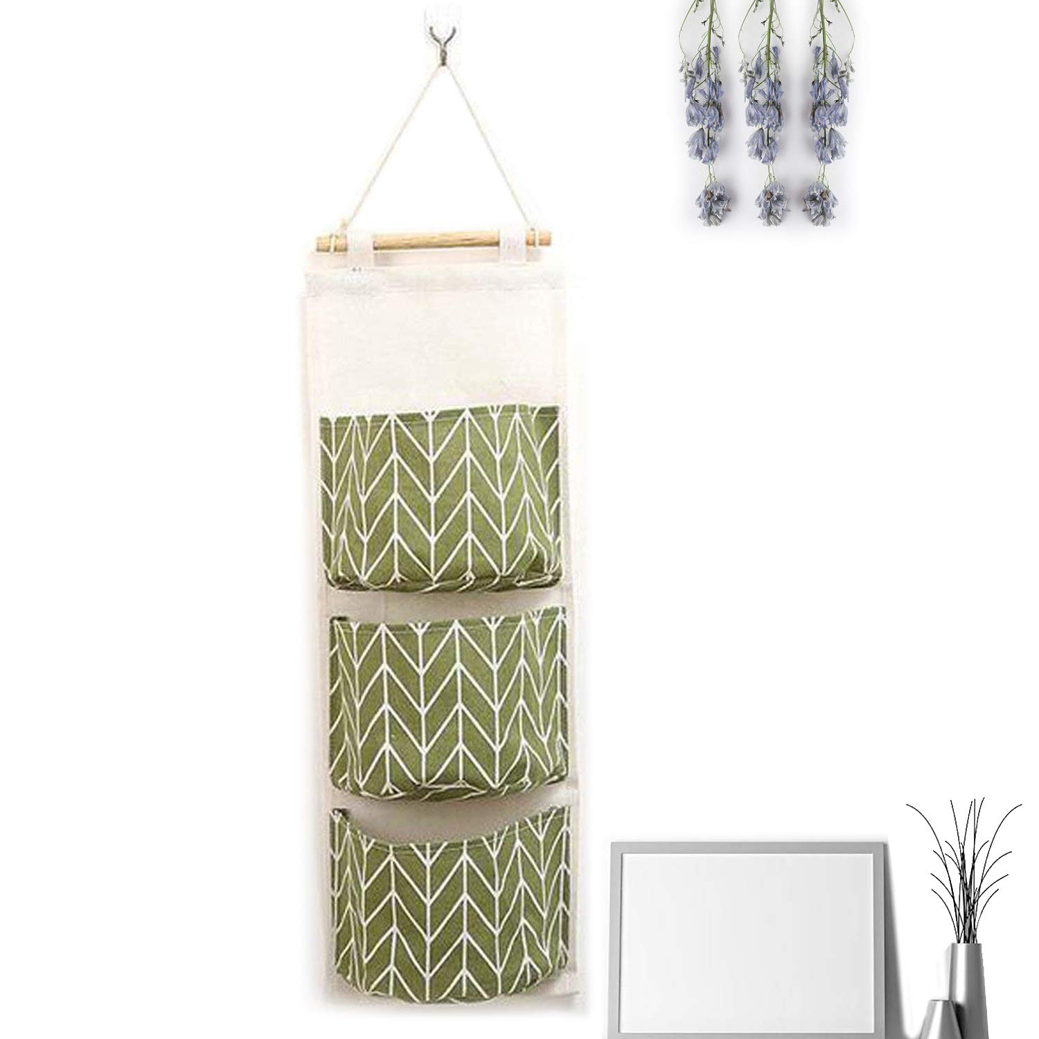 ZhengYue Wall Hanging Storage Bag, Waterproof Over The Door Closet Organizer| Linen Farbric Hanging Pocket Organizer with 3 Remote-Sized Pockets for Bedroom, Bathroom Green