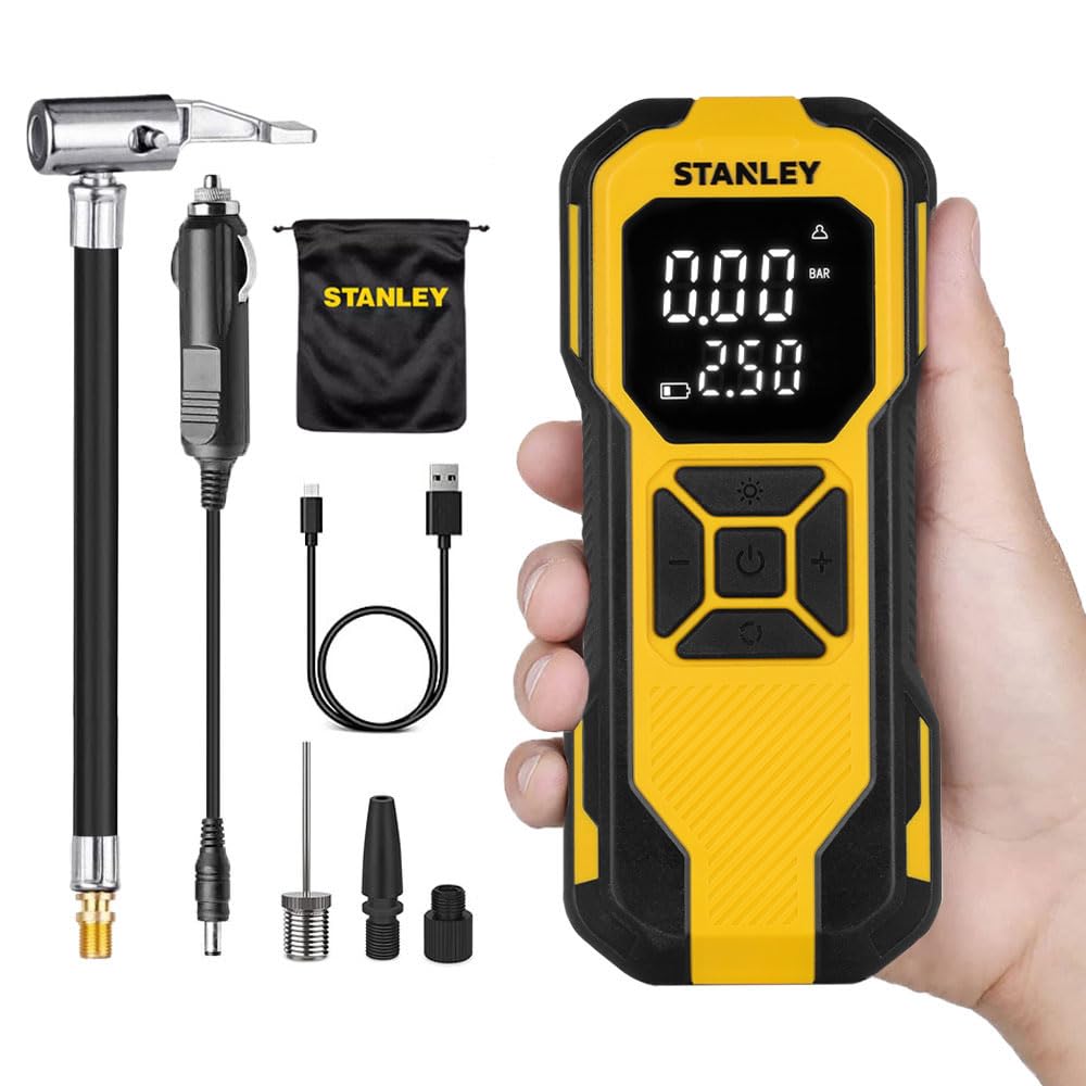 STANLEY - Inflador de aire mini inalámbrico, bomba portátil de 12V para neumáticos de coche y bicicleta, manómetro digital y luz LED, diseño compacto, amarillo
