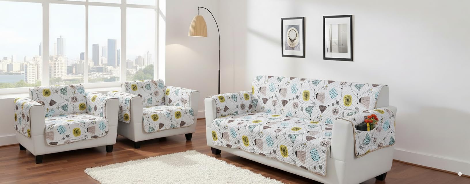 Quilted Sofa Cover for 5 Seater | Premium Armchair Protector | Antislip Backing | Side Pockets | Soft & Washable Fabric | Ideal for Homes with Pets, Kids, Daily Use - Floral White