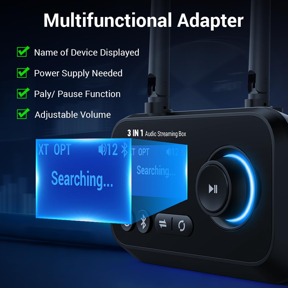 3 En 1 Transmisor Receptor Bluetooth para 2 Auriculares Adaptador Bluetooth 5.3 con Pantalla LCD Latencia Aux 3.5mm Óptico RCA E Bypass misor Bluetooth Audio para TV, Estéreo, Altavoces, PC