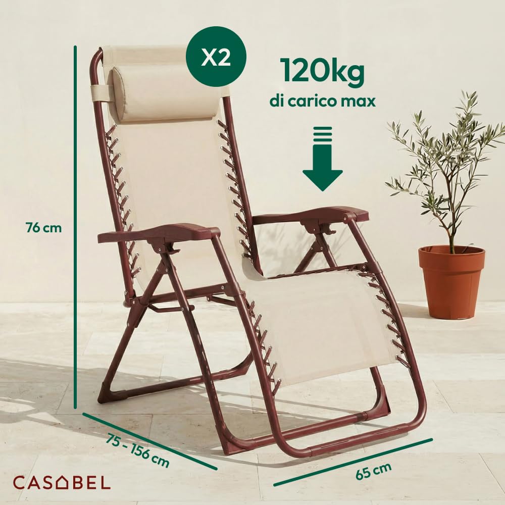 CASABEL Poltrona Relax Gravità Zero Pieghevole con Cuscino, 2 Poltrone Reclinabili Regolabili per Giardino, Balcone o Campeggio con Struttura Acciaio e Tessuto Textilene resistente, Terracotta