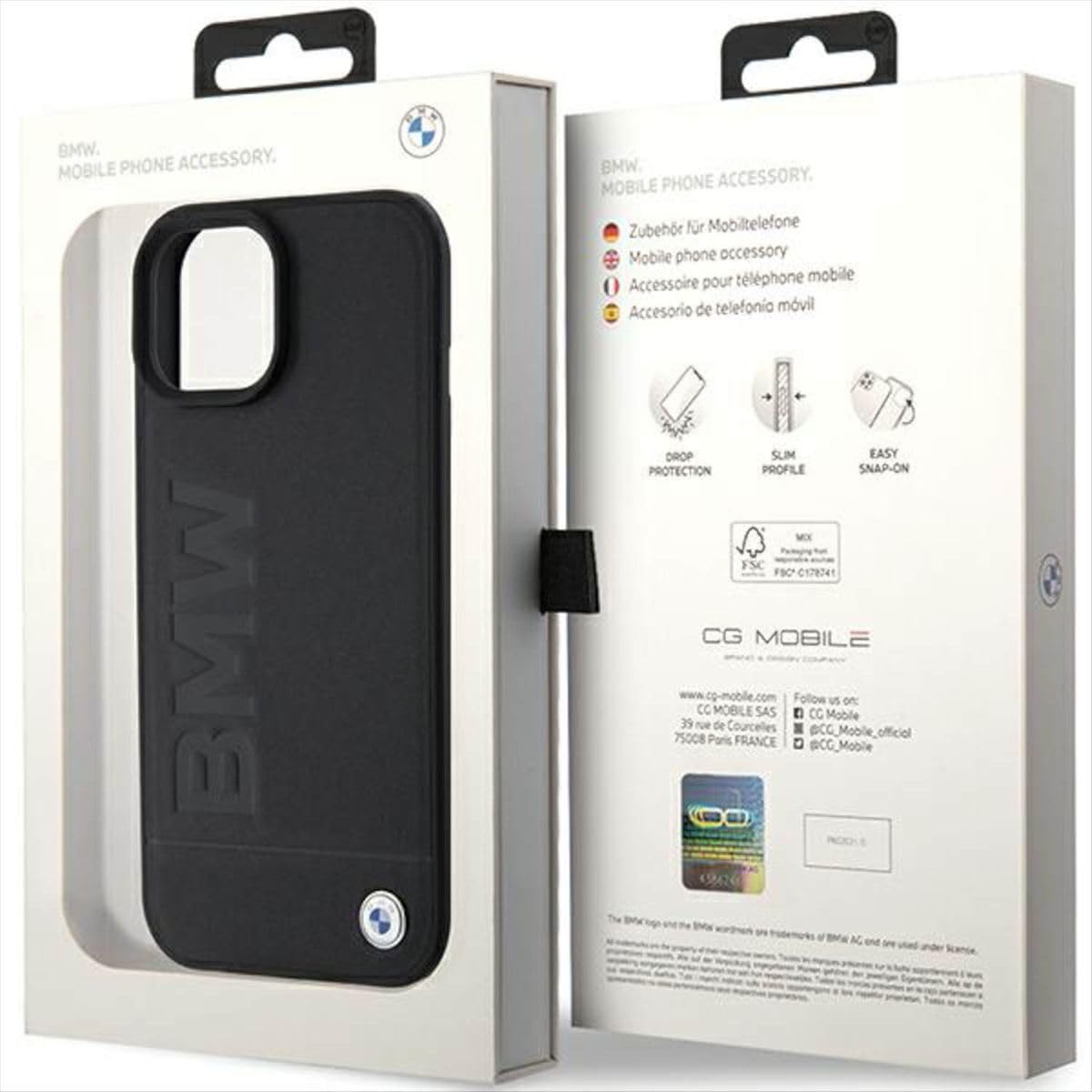 BMW BMHCP15SSLLBK - Custodia in pelle per iPhone 15 da 6,1", colore: Nero