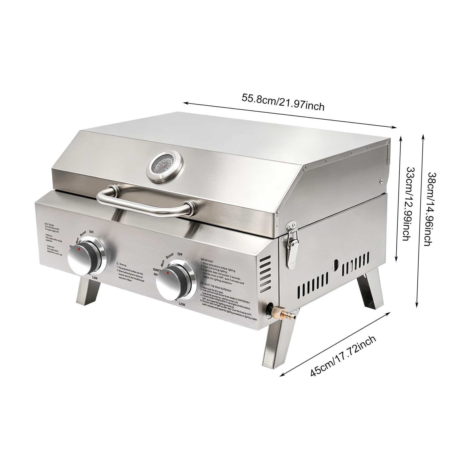 Barbecue a gas in acciaio inox, 2 fuochi, portatile pieghevole per esterni, con pietra per pizza, per giardino, campeggio, picnic, camper, ideale per famiglie e amici, barbecue