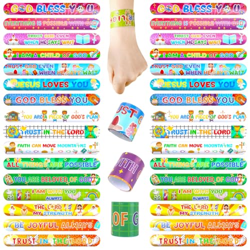 POPLAY 48PCS Christian Slap Bracelets, Snap Wristbands Bible Verses Religious Snap Bracelets for Kids Sunday School Gifts Classroom Prizes