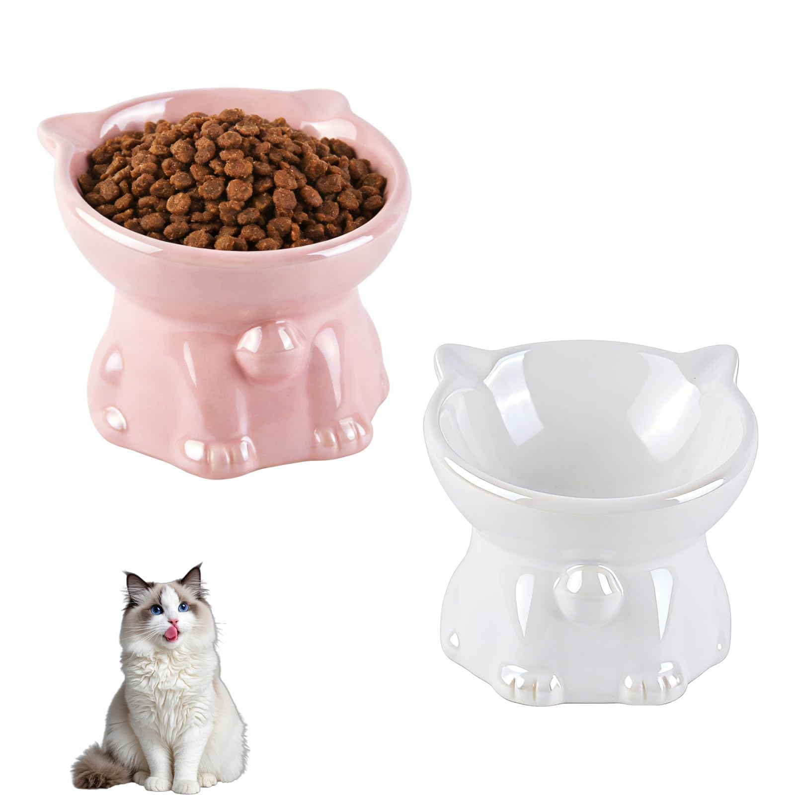 Elevated Ceramic Cat Bowls with Stand, Tilted Anti-Vomiting Whisker Friendly Food Water Dishes for Cats & Kittens，White & Pink