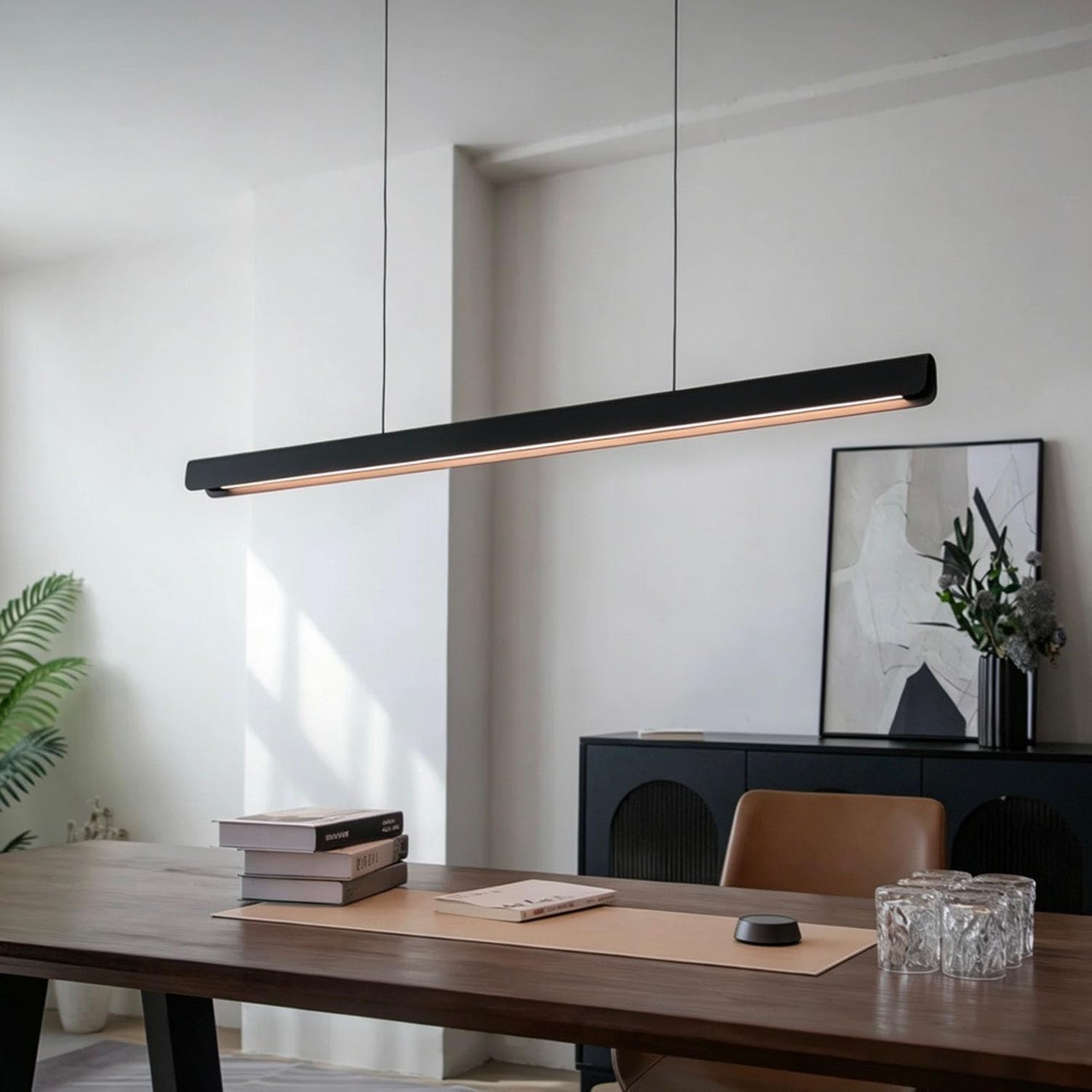 Suspension Luminaire Cuisine Moderne, 3000K/4500K/6500K 10%–100% Température de Couleur Lustre Linéaire, Dimmbar avec Télécommande LED Suspension pour Salon,Salle à manger, Îlot (Blanc, 150cm)