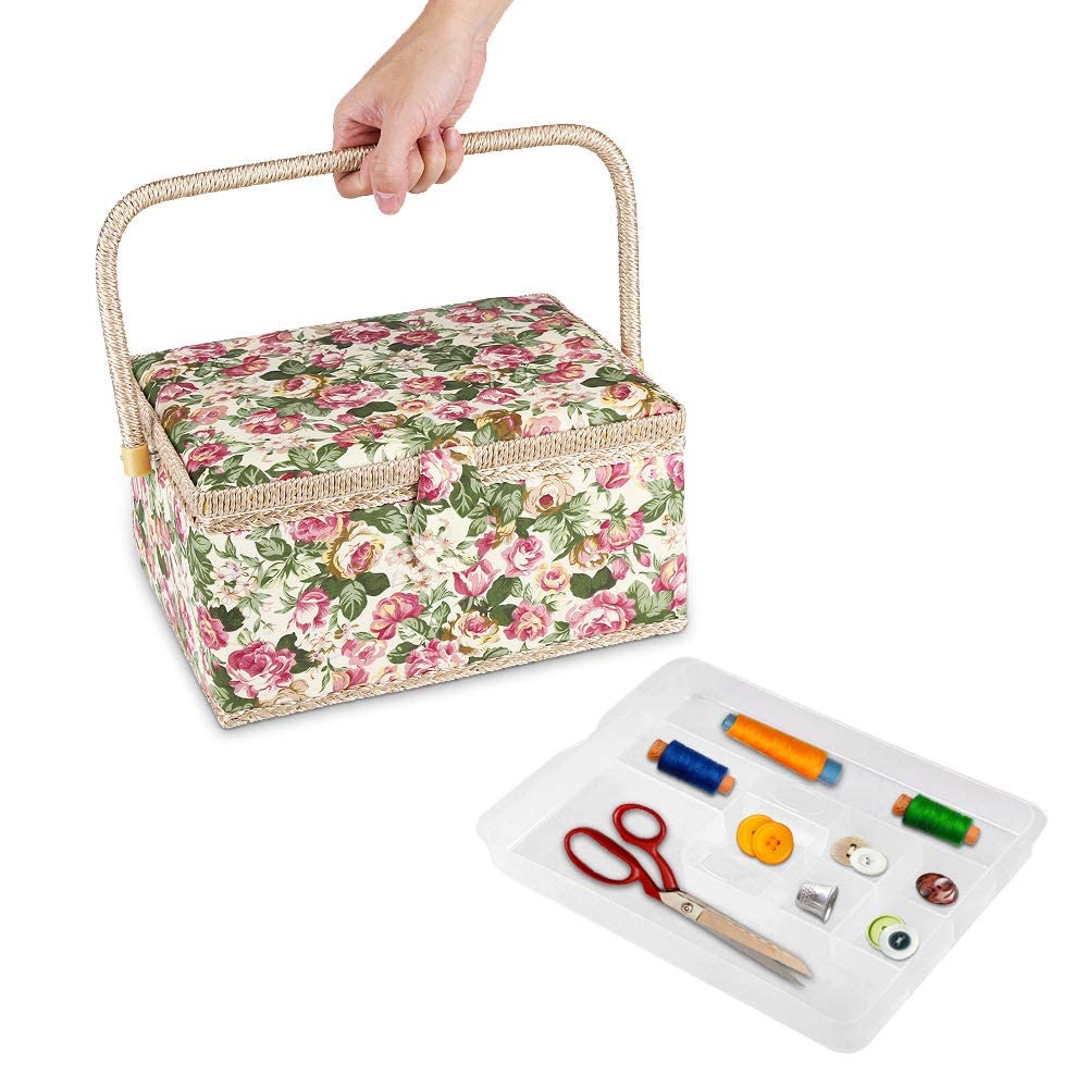 Ejoyous Large Sewing Basket Box, Retro Rural Fabric Floral Printed Sewing Storage Box with Compartments for Storing Needle Thread
