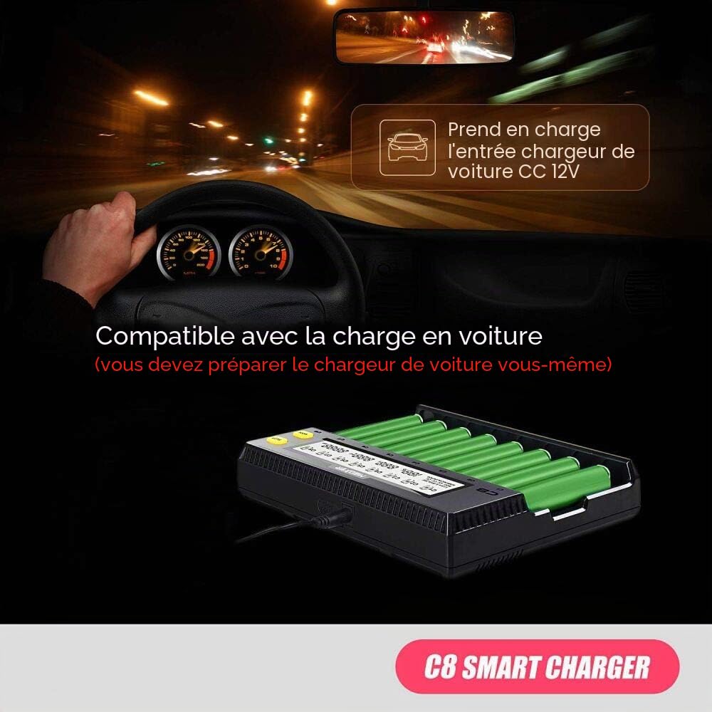 Chargeur de Batterie 18650, Chargeur de Batterie MiBOXER 8 Baies avec Écran LCD Automatique, Charge Rapide Li-ION LiFePO4 Ni-MH Ni-CD AA AAA C 21700 26650 13650 16340 18350 18700 RCR123