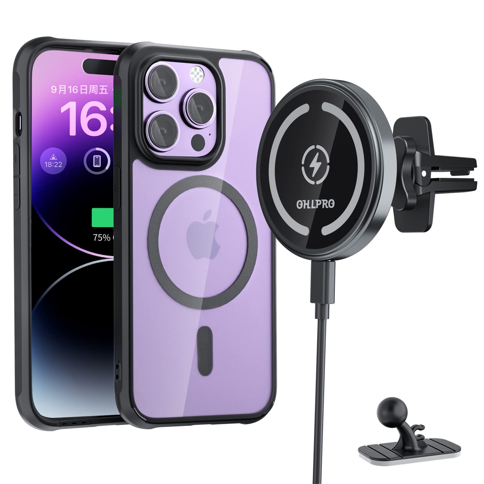 OHLPRO Magnetic Wireless Car Charger Compatible with iPhone14/13/12 Series MagSafe Mount Charger, iPhone 14 Pro Case 6.1'', 360Â° Adjustable Auto Alignment Air Vent Car Phone Holder, Car Accessories