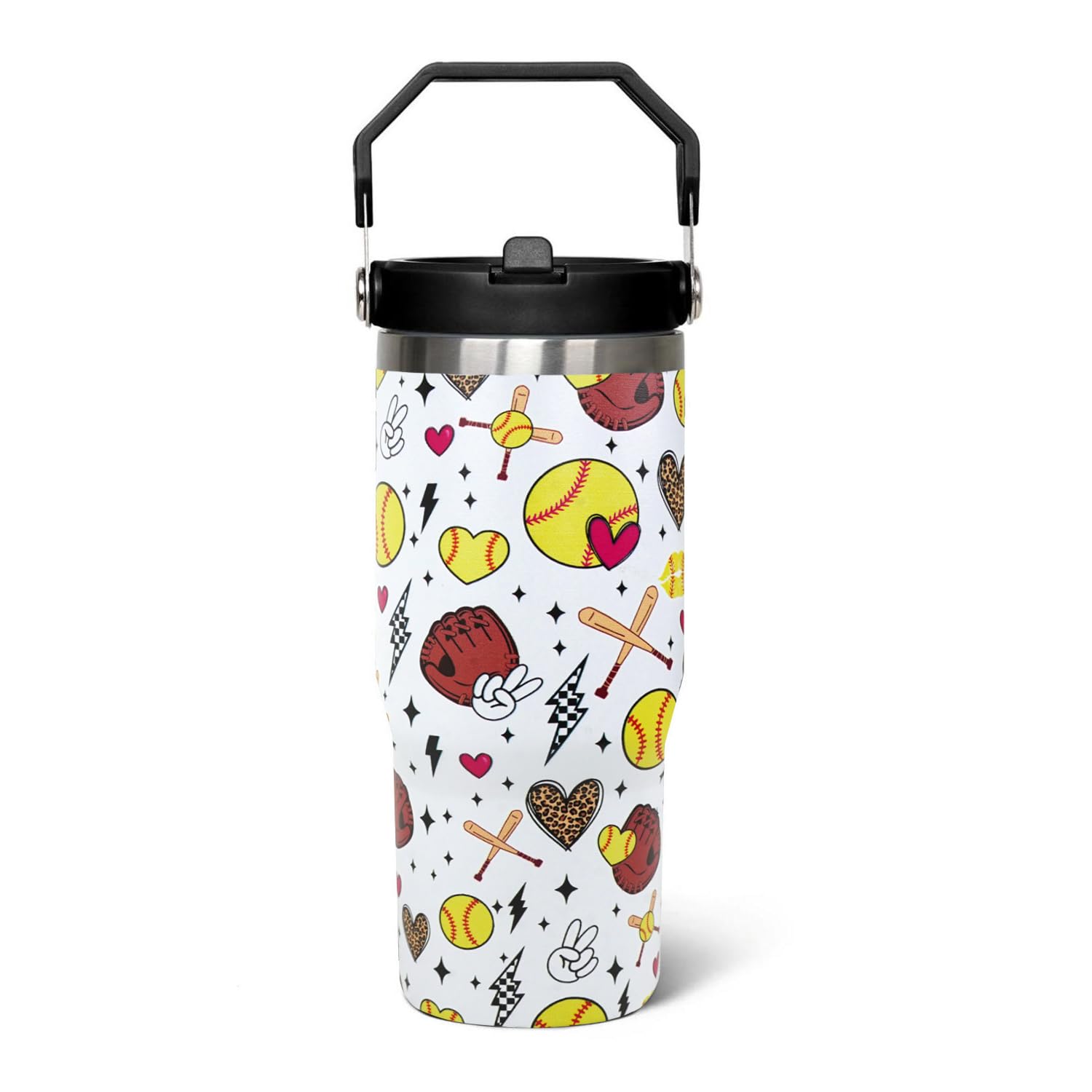 qwpmvhsak 30oz Softball Flip Tumbler with Handle lid and Straw,Softball Coffee Travel Mug Cup Water Botter,Softball Gifts for Women,Softball Stuff