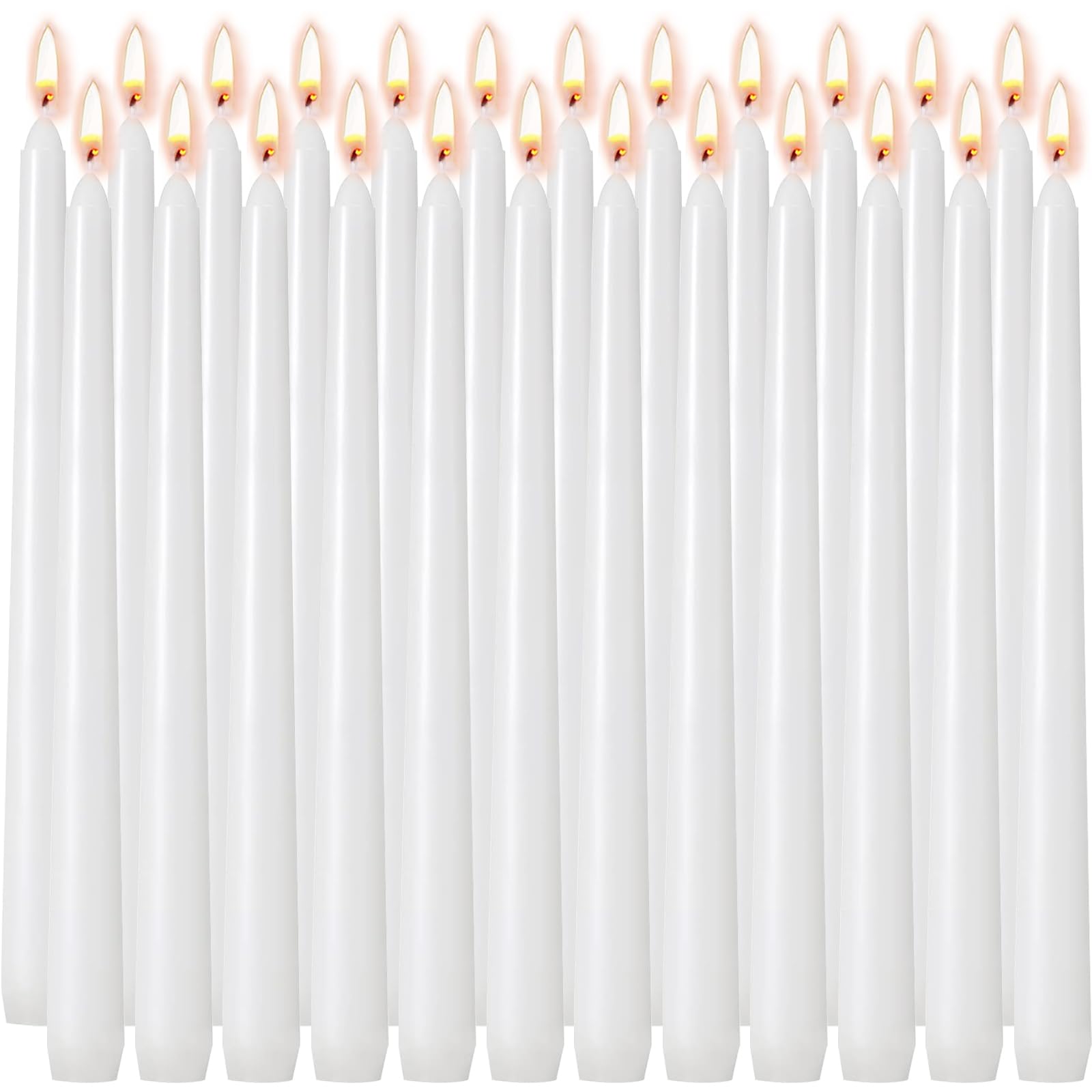 Photo 1 of 10 Inch White Taper Candles 24 Pack Bulk, Unscented Elegant Dinner Candles for Church, Wedding, Valentine's Day, Emergency, Holidays, 7-8 Hour Clean Burning Paraffin Wax for Candelabra and Holders