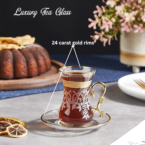 Miniatura 3 de Juego de 6 tazas y platillos de té árabes, marroquíes, marroquíes, marroquíes, dorados, para fiestas, adultos, cafetera elegante, hervidor de agua