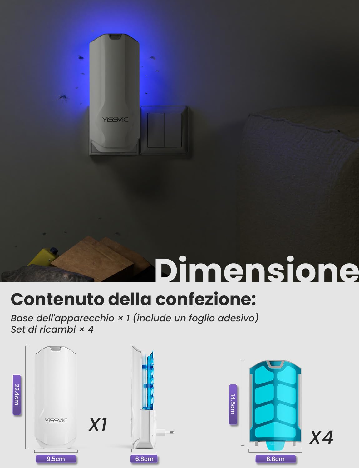 YISSVIC Trappola per Mosche della Frutta per Interni con Lampada UV, Confezione da 1 Trappola e 5 Adesivi, Ideale per Cucina, Vicino a Piante e Frutta