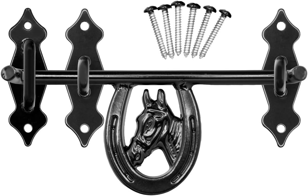 Heavy Duty Horseshoe Barn Door Latch, Stall Door Latch, Powder Coated Black, Hardware Included