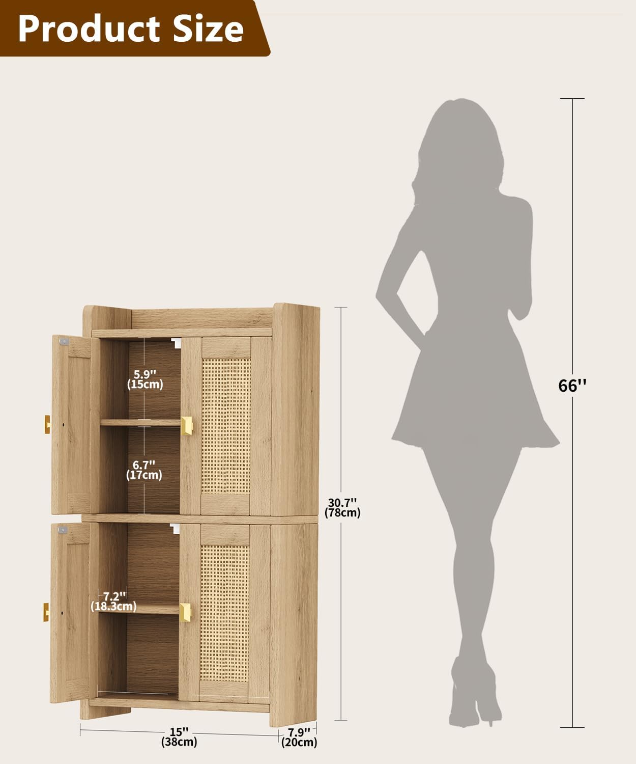 Rattan Small Bathroom Cabinet with 4 Doors, 15" W Bathroom Floor Cabinet, Bathroom Organizer and Storage with Adjustable Shelves for Small Spaces, Natural Oak