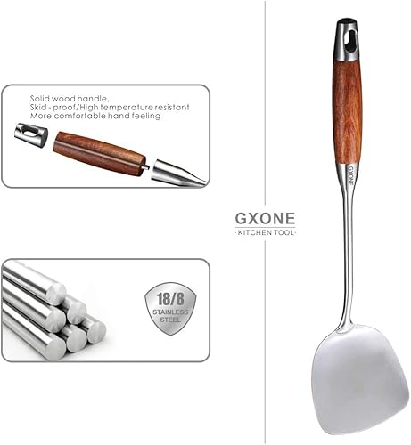Vista 63 de Cucharón de sopa, cucharón de cocina de acero inoxidable 304, herramientas para wok con mango largo de madera, resistente al calor, plata/14.6