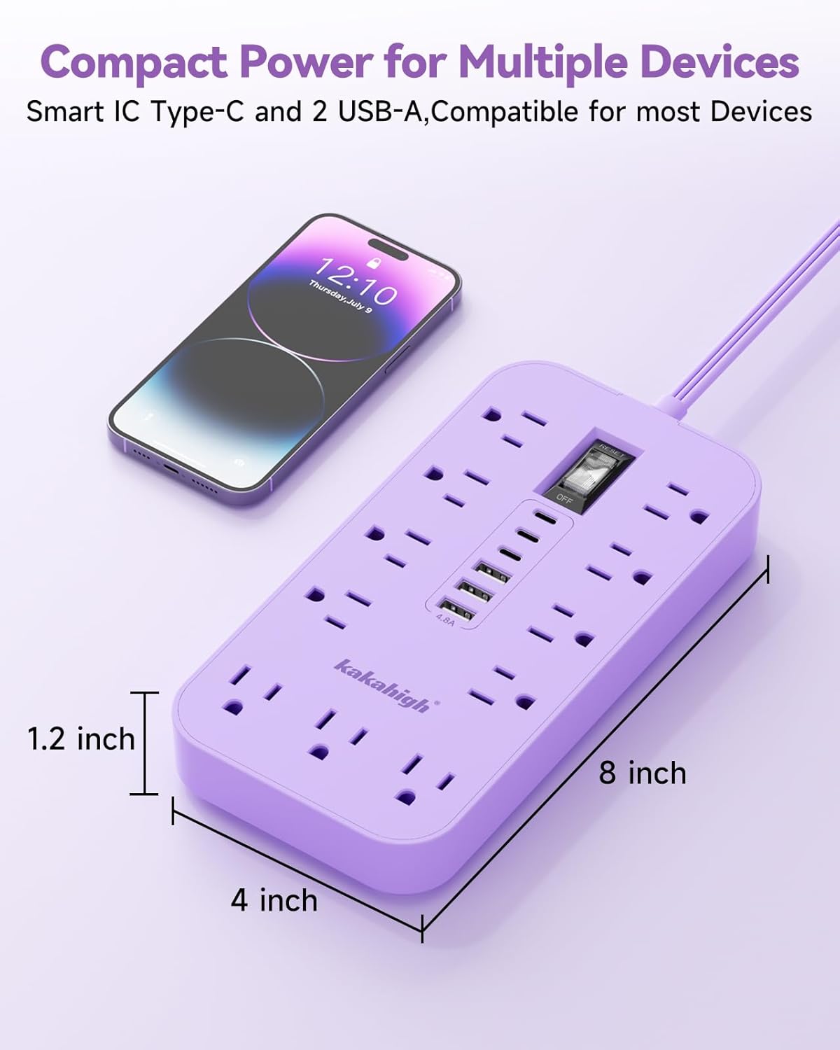 Purple Extension Cord with Multiple Outlets- 5 FT Lavender Power Strip, Girls Extension Cord with 11 AC Outlet 6 USB (24W/4.8A), Charging Station for Purple Women Lavender Desk Decor Essentials Gifts - Image 6