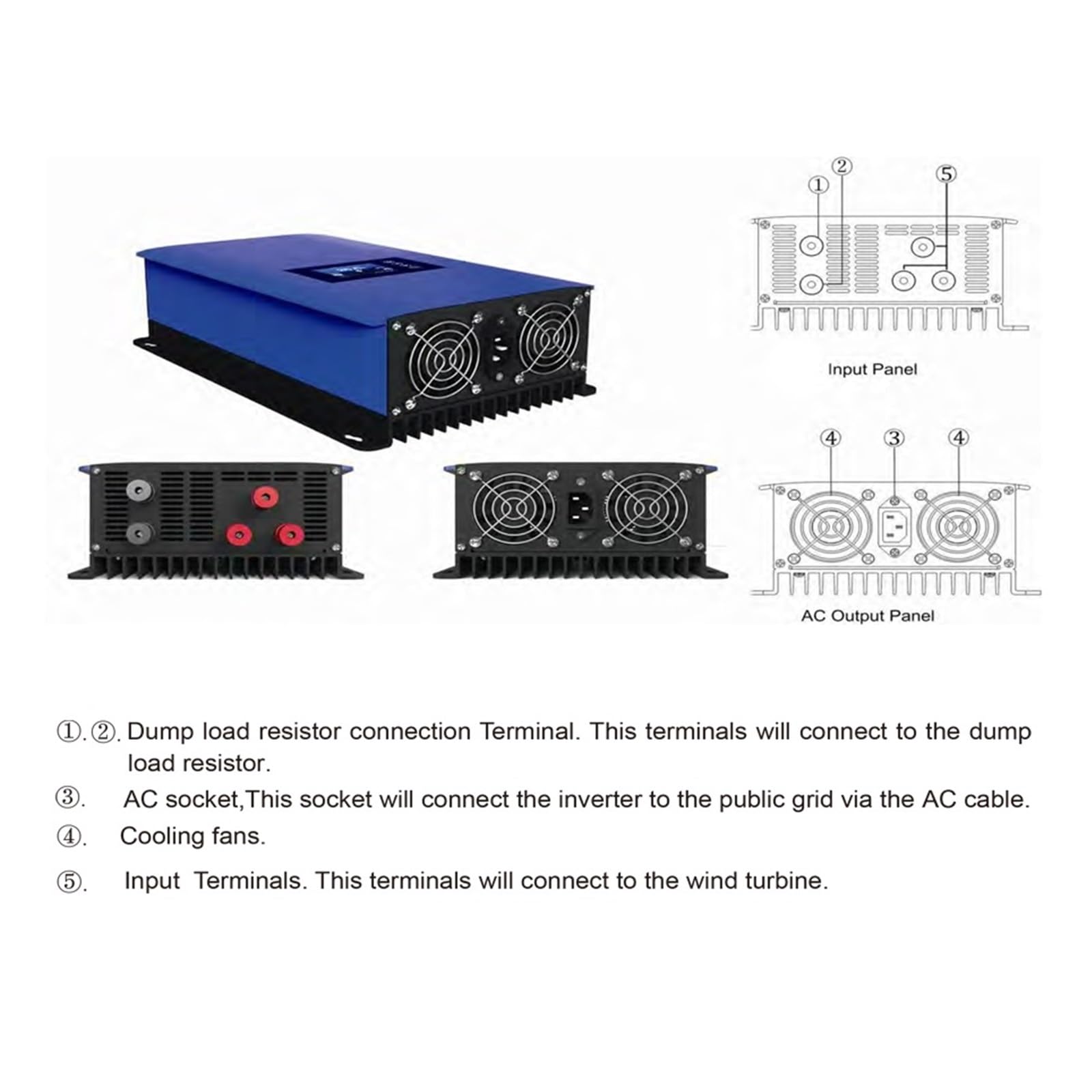 Inwerter Sieciowy Energii Wiatrowej 1000W/2000W Z Rezystorem Obciążenia Zrzutu/ogranicznikiem/WIFI Dla AC 3 Fazy 24V 48V Generator Z Turbiną Wiatrową Bezpieczniejszy I Wydajniejszy(1KW Inverter,22V-60