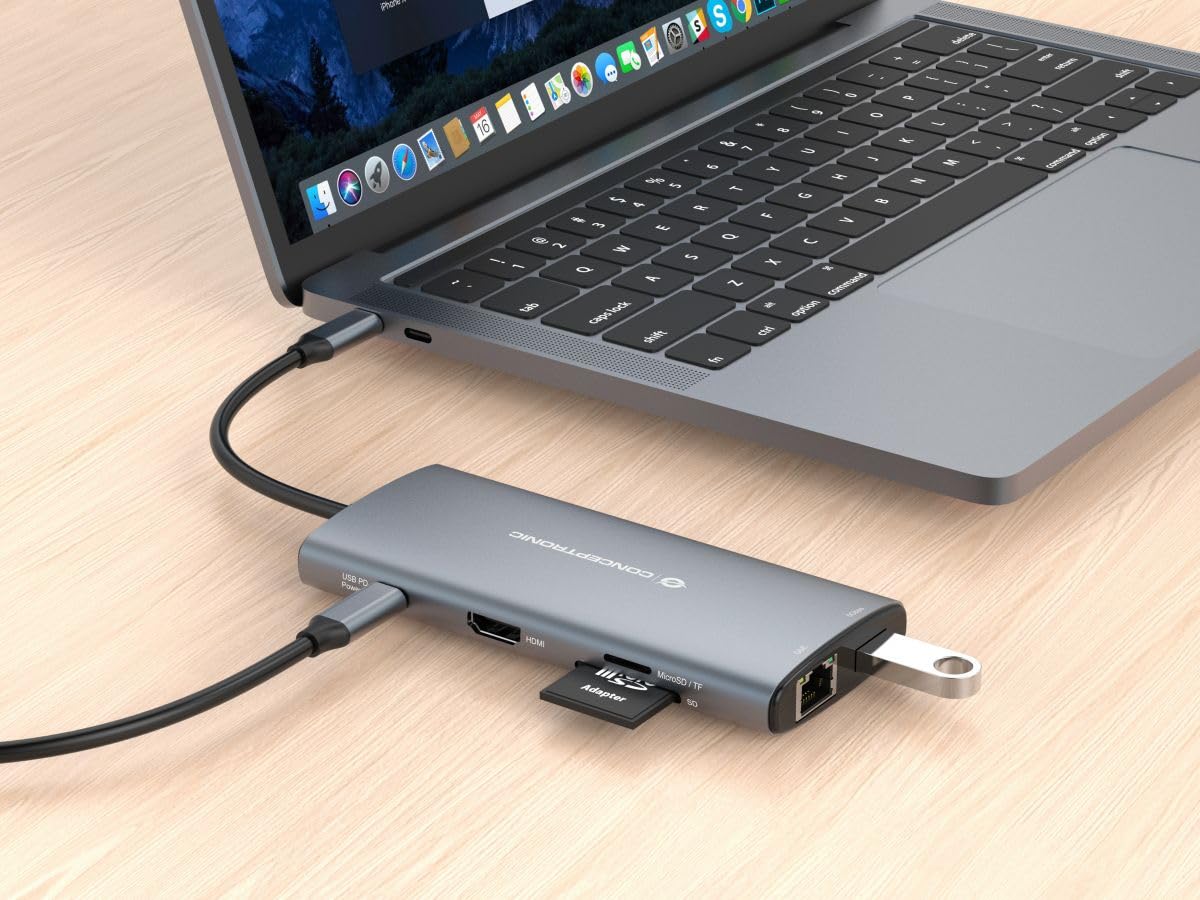 CONCEPTRONIC DONN06G 10 in 1 USB 3.2 Gen 1 Docking Station, HDMI, 100 W USB PD, USB-C 5 Gbps x 2, USB-A 5 Gbps x 3, SD, TF/MicroSD, GbE