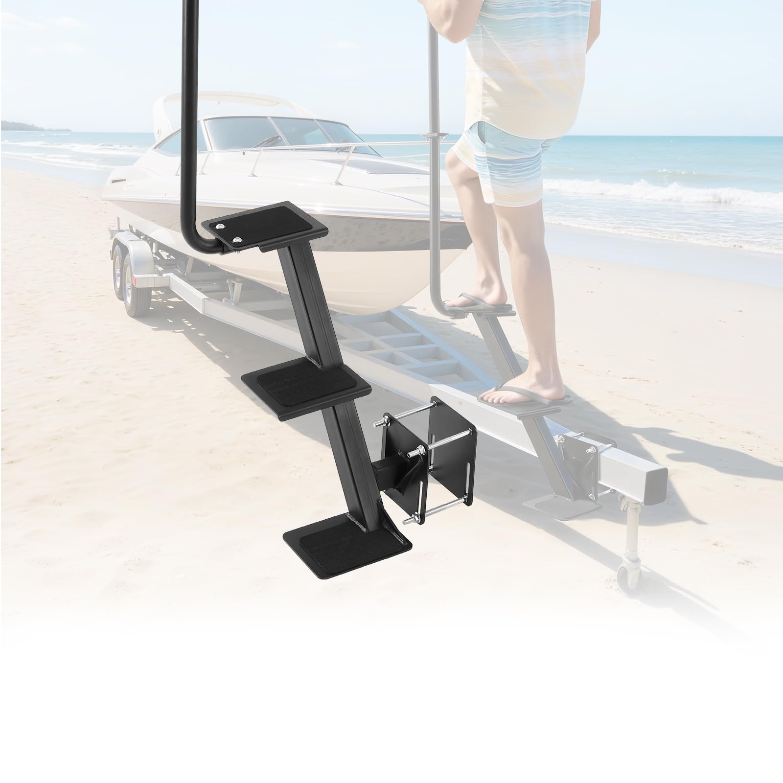 Photo 1 of *Box damaged* VEVOR Boat Trailer Steps, 3-Step, Heavy-Duty Boat Trailer Steps with Handle, Non-Slip Surface, 3 Mounting Angle Options, Carbon Steel Ladder Suitable for 3" x 3"/3" x 5"/4" x 4" Frame, Side Mounting