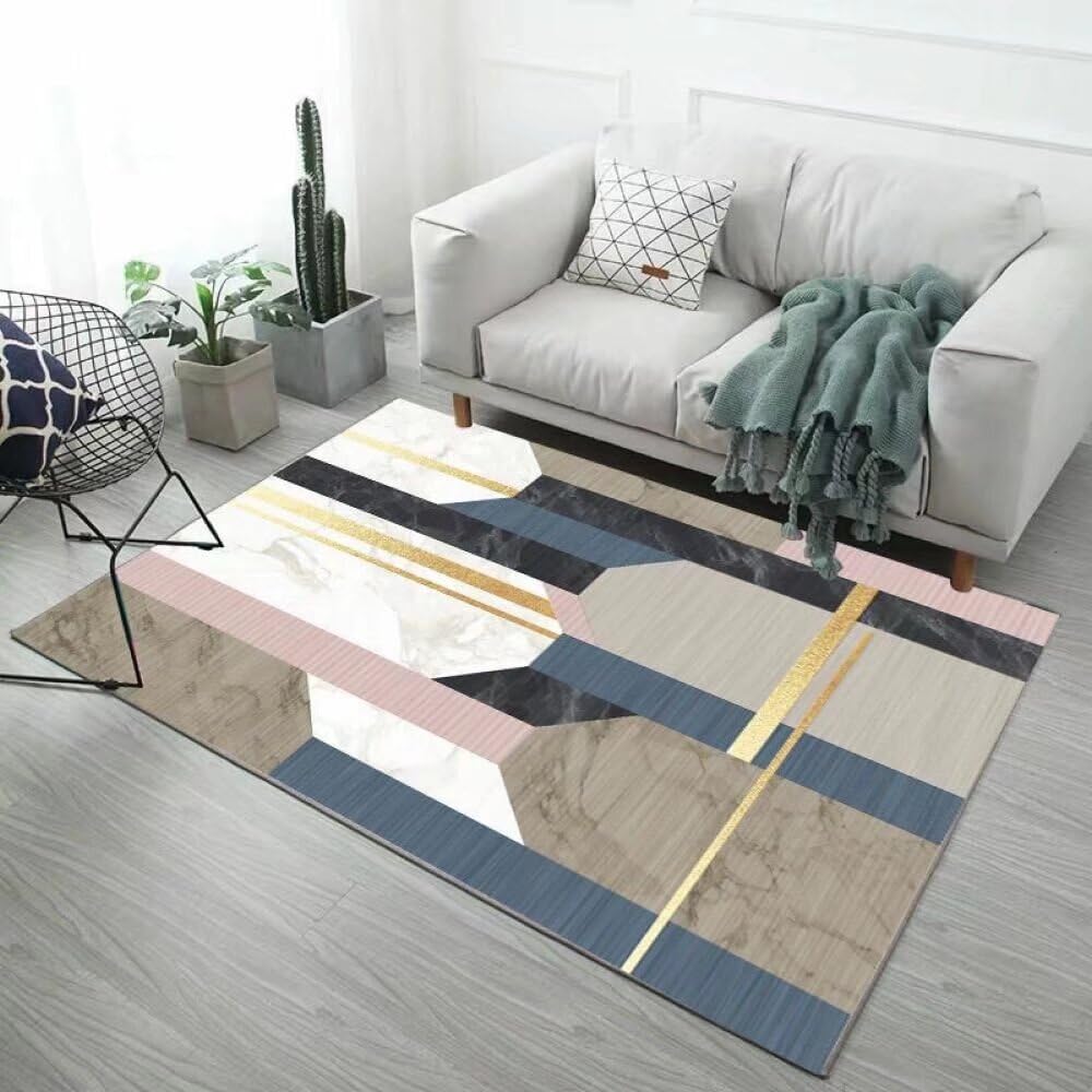 Tapis lavable en machine rectangulaire 90x200cm bleu motif géométrique