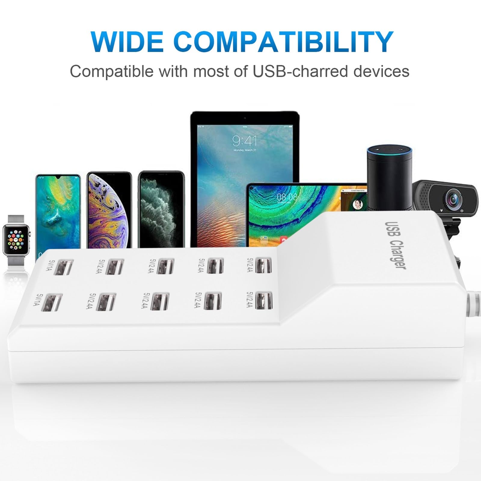 QIONMAR Cargador de Pared USB Estación de Carga USB para múltiples Dispositivos, Cargador USB, Tira de concentrador de alimentación de 10 Puertos, Enchufe Inteligente,