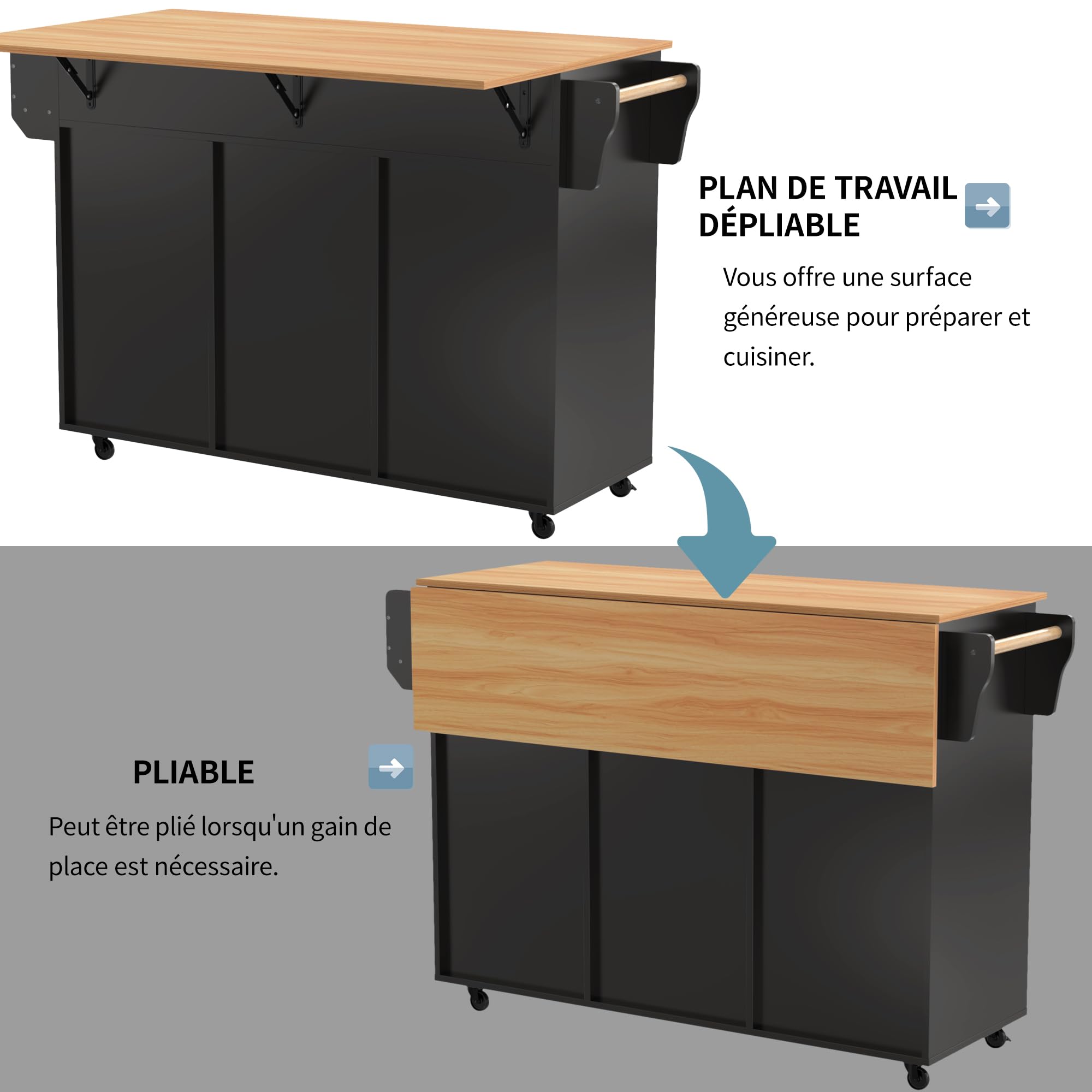 Isla De Cocina Móvil con Ruedas, Carro de Cocina con Mesa de Comedor Extensible, Mueble Auxiliar de Cocina con Estantes Ajustables, Estante para Especias y 3 Cajones,139x 46-71x91,5cm (Negro)